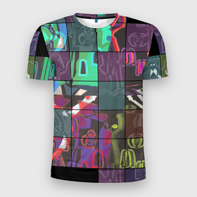 Мужская футболка 3D Slim с принтом Мир в квадрате в Санкт-Петербурге, 100% полиэстер с улучшенными характеристиками | приталенный силуэт, круглая горловина, широкие плечи, сужается к линии бедра | в топе | в тренде | дизайн | крадрат | мультики | мультяшный мир | нарисованный город | новинка | орнамент | популярное | сетка | топ | узор