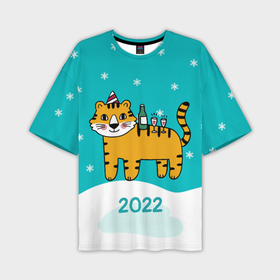 Мужская футболка OVERSIZE 3D с принтом Новогодний стол   тигр в Петрозаводске,  |  | 2022 | год тигра | новый год | новый год 2022 | символ года | тигр | тигренок | тигрица | тигры
