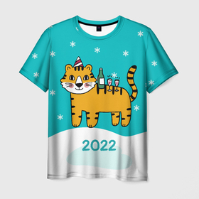 Мужская футболка 3D с принтом Новогодний стол - тигр в Санкт-Петербурге, 100% полиэфир | прямой крой, круглый вырез горловины, длина до линии бедер | 2022 | год тигра | новый год | новый год 2022 | символ года | тигр | тигренок | тигрица | тигры