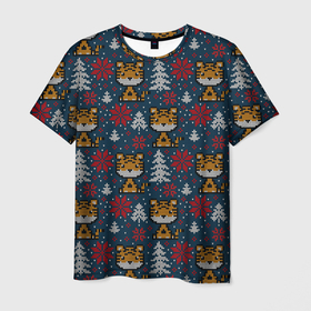 Мужская футболка 3D с принтом Вязаный стиль новогодний тигр 2022 в Санкт-Петербурге, 100% полиэфир | прямой крой, круглый вырез горловины, длина до линии бедер | 2022 | год тигра | новый год | новый год 2022 | символ года | тигр | тигренок | тигрица | тигры