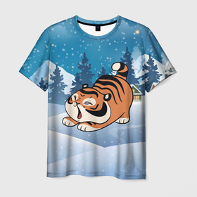Мужская футболка 3D с принтом Тигренок подтягивается , 100% полиэфир | прямой крой, круглый вырез горловины, длина до линии бедер | 2022 | год тигра | новый год | новый год 2022 | символ года | тигр | тигренок | тигрица | тигры