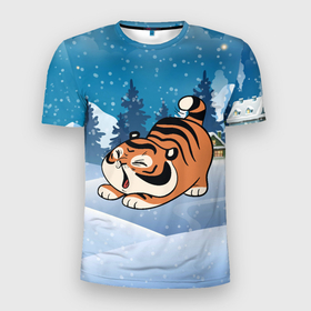 Мужская футболка 3D спортивная с принтом Тигренок подтягивается в Курске, 100% полиэстер с улучшенными характеристиками | приталенный силуэт, круглая горловина, широкие плечи, сужается к линии бедра | 2022 | год тигра | новый год | новый год 2022 | символ года | тигр | тигренок | тигрица | тигры