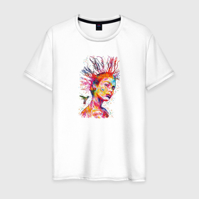 Мужская футболка хлопок с принтом Сила Природы в Новосибирске, 100% хлопок | прямой крой, круглый вырез горловины, длина до линии бедер, слегка спущенное плечо. | popart | wow | веточки | девушка | женщина | колибри | кудри | птица