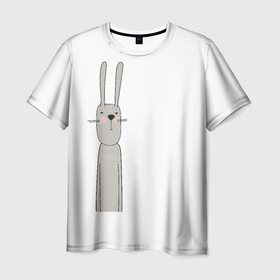 Мужская футболка 3D с принтом Заяц Морковец в Санкт-Петербурге, 100% полиэфир | прямой крой, круглый вырез горловины, длина до линии бедер | животные | зайка | зайка из мультика | заяц | серый зайка