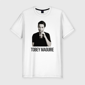 Мужская футболка хлопок Slim с принтом Tobey Maguire в Кировске, 92% хлопок, 8% лайкра | приталенный силуэт, круглый вырез ворота, длина до линии бедра, короткий рукав | actor | tobey maguire | актер | калифорния | продюсер | сантамоника | сша | тоби магуайр