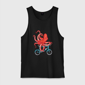 Мужская майка хлопок с принтом Осьминог на велике в Тюмени, 100% хлопок |  | octopus | octopus on a bicycle | велосипед | велоспорт | ктулху | морские жители | осьминоги