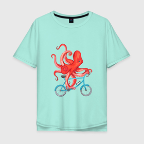 Мужская футболка хлопок Oversize с принтом Осьминог на велике в Тюмени, 100% хлопок | свободный крой, круглый ворот, “спинка” длиннее передней части | Тематика изображения на принте: octopus | octopus on a bicycle | велосипед | велоспорт | ктулху | морские жители | осьминоги