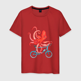 Мужская футболка хлопок с принтом Осьминог на велике в Тюмени, 100% хлопок | прямой крой, круглый вырез горловины, длина до линии бедер, слегка спущенное плечо. | octopus | octopus on a bicycle | велосипед | велоспорт | ктулху | морские жители | осьминоги
