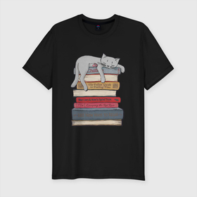 Мужская футболка хлопок Slim с принтом кот и книги в Тюмени, 92% хлопок, 8% лайкра | приталенный силуэт, круглый вырез ворота, длина до линии бедра, короткий рукав | cat | китюлька | кот и книги | котик | котэ | отдых | сон | спать | устал | учение | школа