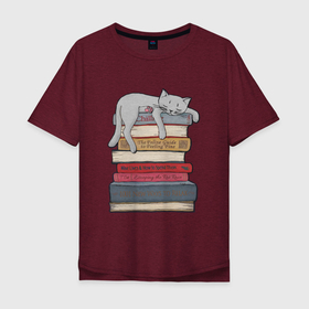 Мужская футболка хлопок Oversize с принтом кот и книги в Курске, 100% хлопок | свободный крой, круглый ворот, “спинка” длиннее передней части | cat | китюлька | кот и книги | котик | котэ | отдых | сон | спать | устал | учение | школа