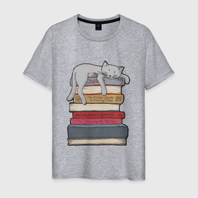 Мужская футболка хлопок с принтом кот и книги в Белгороде, 100% хлопок | прямой крой, круглый вырез горловины, длина до линии бедер, слегка спущенное плечо. | cat | китюлька | кот и книги | котик | котэ | отдых | сон | спать | устал | учение | школа