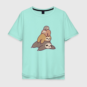 Мужская футболка хлопок Oversize с принтом ленивцы 3 штуки в Екатеринбурге, 100% хлопок | свободный крой, круглый ворот, “спинка” длиннее передней части | sloths | дела | ленивцы | лень | не хочу | отдых | работа