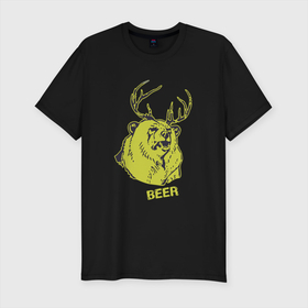 Мужская футболка хлопок Slim с принтом Macs Beer Deer в Тюмени, 92% хлопок, 8% лайкра | приталенный силуэт, круглый вырез ворота, длина до линии бедра, короткий рукав | deer | macs | macs beer bear | медведь | мишка | олень | прикол | рога