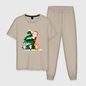 Мужская пижама хлопок с принтом Санта передает вам привет в Екатеринбурге, 100% хлопок | брюки и футболка прямого кроя, без карманов, на брюках мягкая резинка на поясе и по низу штанин
 | cat | cats | christmas | frost | garlands | new | new year | santa | snow | star | toys | tree | year | гирлянды | год | дед | елка | звезда | игрушки | кот | коты | мороз | новогодние | новогодняя | новый | рождество | санта | снег