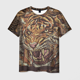 Мужская футболка 3D с принтом Хищный дикий тигр в Новосибирске, 100% полиэфир | прямой крой, круглый вырез горловины, длина до линии бедер | животное | полосы | символ года | тигр | хищник
