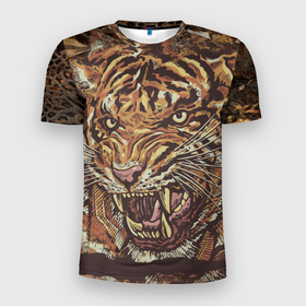 Мужская футболка 3D Slim с принтом Хищный дикий тигр в Петрозаводске, 100% полиэстер с улучшенными характеристиками | приталенный силуэт, круглая горловина, широкие плечи, сужается к линии бедра | животное | полосы | символ года | тигр | хищник