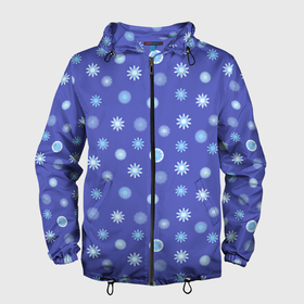 Мужская ветровка 3D с принтом Снежинки Новогодние в Курске, 100% полиэстер | подол и капюшон оформлены резинкой с фиксаторами, два кармана без застежек по бокам, один потайной карман на груди | Тематика изображения на принте: abstraction | blue | different | many | snow | snowflakes | абстракция | голубые | много | разные | снег | снежинки