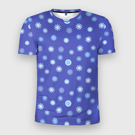Мужская футболка 3D Slim с принтом Снежинки Новогодние , 100% полиэстер с улучшенными характеристиками | приталенный силуэт, круглая горловина, широкие плечи, сужается к линии бедра | Тематика изображения на принте: abstraction | blue | different | many | snow | snowflakes | абстракция | голубые | много | разные | снег | снежинки