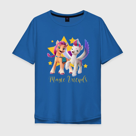 Мужская футболка хлопок Oversize с принтом Magic Pony Friends в Санкт-Петербурге, 100% хлопок | свободный крой, круглый ворот, “спинка” длиннее передней части | a new generation | hitch | izzy | moonbow | my little pony | pipp | sunny | дружба | единорог | единороги | иззи | магия | мунбоу | новое поколение | пегас | пегасы | петалс | пип | пипп | пони | санни | старскаут | хитч | шторм
