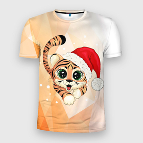 Мужская футболка 3D Slim с принтом Тигрёнок 2022 в Тюмени, 100% полиэстер с улучшенными характеристиками | приталенный силуэт, круглая горловина, широкие плечи, сужается к линии бедра | new year | арт | графика | зима | новый год | рождество | тигрёнок