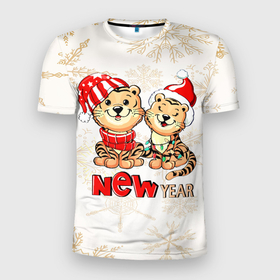 Мужская футболка 3D Slim с принтом Двойняшки в Тюмени, 100% полиэстер с улучшенными характеристиками | приталенный силуэт, круглая горловина, широкие плечи, сужается к линии бедра | new year | арт | графика | зима | новый год | рождество | тигры