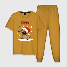 Мужская пижама хлопок с принтом Щенячий восторг в Белгороде, 100% хлопок | брюки и футболка прямого кроя, без карманов, на брюках мягкая резинка на поясе и по низу штанин
 | new year | арт | графика | зима | новый год | рождество | собака | щенок