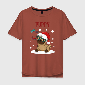 Мужская футболка хлопок Oversize с принтом Щенячий восторг в Тюмени, 100% хлопок | свободный крой, круглый ворот, “спинка” длиннее передней части | new year | арт | графика | зима | новый год | рождество | собака | щенок