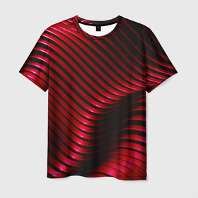 Мужская футболка 3D с принтом Волны красного металла , 100% полиэфир | прямой крой, круглый вырез горловины, длина до линии бедер | волна | красно черный | красный | манчестер юнайтед | металл | металлический эффект | милан | неоновый | свет