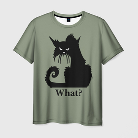 Мужская футболка 3D с принтом What Что в Кировске, 100% полиэфир | прямой крой, круглый вырез горловины, длина до линии бедер | black cat | cat | fearsome | halloween | question | silhouette | stern look | what | вопрос | кошка | силуэт | суровый взгляд | хеллоуин | черный кот | что