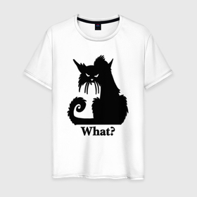 Мужская футболка хлопок с принтом What   Что в Курске, 100% хлопок | прямой крой, круглый вырез горловины, длина до линии бедер, слегка спущенное плечо. | black cat | cat | fearsome | halloween | question | silhouette | stern look | what | вопрос | кошка | силуэт | суровый взгляд | хеллоуин | черный кот | что
