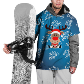 Накидка на куртку 3D с принтом Merry Christmas Олень с подарком. в Тюмени, 100% полиэстер |  | Тематика изображения на принте: 2022 | happy new year | merry christmas | год тигра | зима близко | нг | новогодний | новый год | новый год 2022 | олень | рождество | символ 2022 года | снег | снежинки