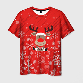 Мужская футболка 3D с принтом Снежинки летящие и Олень с подарком. в Курске, 100% полиэфир | прямой крой, круглый вырез горловины, длина до линии бедер | 2022 | happy new year | merry christmas | год тигра | зима близко | нг | новогодний | новогодний тигр | новый год | новый год 2022 | олень | рождество | символ 2022 года | снег | снежинки