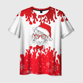 Мужская футболка 3D с принтом Новогодний тигр Нарисованный огонь. в Новосибирске, 100% полиэфир | прямой крой, круглый вырез горловины, длина до линии бедер | 2022 | happy new year | merry christmas | год тигра | зима близко | нг | новогодний | новогодний тигр | новый год | новый год 2022 | олень | рождество | символ 2022 года | снег | снежинки | тигр