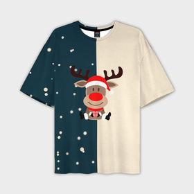 Мужская футболка OVERSIZE 3D с принтом Олень зимний с подарком ,  |  | Тематика изображения на принте: 2022 | happy new year | merry christmas | год тигра | зима близко | нг | новогодний | новогодний тигр | новый год | новый год 2022 | рождество | символ 2022 года | снег | снежинки