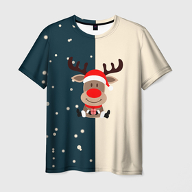 Мужская футболка 3D с принтом Олень зимний с подарком , 100% полиэфир | прямой крой, круглый вырез горловины, длина до линии бедер | 2022 | happy new year | merry christmas | год тигра | зима близко | нг | новогодний | новогодний тигр | новый год | новый год 2022 | рождество | символ 2022 года | снег | снежинки