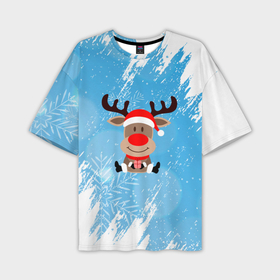 Мужская футболка OVERSIZE 3D с принтом Зимний олень с подарком ,  |  | Тематика изображения на принте: 2022 | happy new year | merry christmas | год тигра | зима близко | нг | новогодний | новый год | новый год 2022 | олень | рождество | символ 2022 года | снег | снежинки