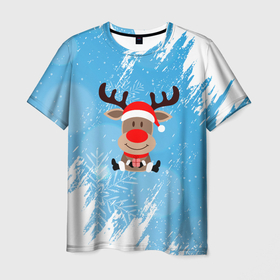 Мужская футболка 3D с принтом Зимний олень с подарком в Белгороде, 100% полиэфир | прямой крой, круглый вырез горловины, длина до линии бедер | 2022 | happy new year | merry christmas | год тигра | зима близко | нг | новогодний | новый год | новый год 2022 | олень | рождество | символ 2022 года | снег | снежинки