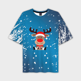 Мужская футболка OVERSIZE 3D с принтом Олень с подарком зимний ,  |  | Тематика изображения на принте: 2022 | happy new year | merry christmas | год тигра | зима близко | нг | новогодний | новогодняя символика | новый год | новый год 2022 | олень | рождество | символ 2022 года | снег | снежинки