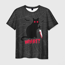 Мужская футболка 3D с принтом What Кот убийца в Тюмени, 100% полиэфир | прямой крой, круглый вырез горловины, длина до линии бедер | bats | blood | cat | halloween | killer | maniac | what | with a knife | кот | кошка | кровь | летучие мыши | с ножом | хеллоуин | что