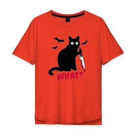 Мужская футболка хлопок Oversize с принтом What Кот маньяк в Санкт-Петербурге, 100% хлопок | свободный крой, круглый ворот, “спинка” длиннее передней части | bats | blood | cat | halloween | killer | maniac | what | with a knife | кот | кошка | кровь | летучие мыши | с ножом | хеллоуин | что