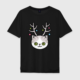 Мужская футболка хлопок Oversize с принтом кот   олень в Тюмени, 100% хлопок | свободный крой, круглый ворот, “спинка” длиннее передней части | Тематика изображения на принте: cat | дед мороз | ёлки | еотик | игрушки | котолень | котэ | новы год | новый 2022 | олень | шары