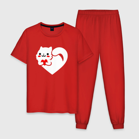 Мужская пижама хлопок с принтом Сердцекот в Белгороде, 100% хлопок | брюки и футболка прямого кроя, без карманов, на брюках мягкая резинка на поясе и по низу штанин
 | cat | love | зимние коты | кот | котэ | любовь | сердце