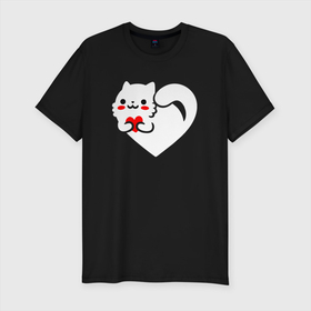 Мужская футболка хлопок Slim с принтом Сердцекот в Екатеринбурге, 92% хлопок, 8% лайкра | приталенный силуэт, круглый вырез ворота, длина до линии бедра, короткий рукав | cat | love | зимние коты | кот | котэ | любовь | сердце