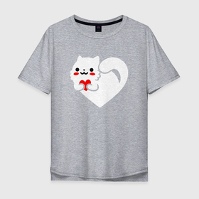 Мужская футболка хлопок Oversize с принтом Сердцекот в Петрозаводске, 100% хлопок | свободный крой, круглый ворот, “спинка” длиннее передней части | cat | love | зимние коты | кот | котэ | любовь | сердце