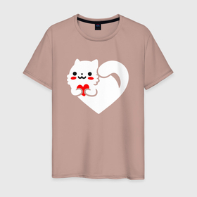 Мужская футболка хлопок с принтом Сердцекот в Петрозаводске, 100% хлопок | прямой крой, круглый вырез горловины, длина до линии бедер, слегка спущенное плечо. | cat | love | зимние коты | кот | котэ | любовь | сердце