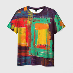 Мужская футболка 3D с принтом Квадраты краской в Петрозаводске, 100% полиэфир | прямой крой, круглый вырез горловины, длина до линии бедер | абстракция | геометрия | живопись | картина | квадраты | краской | мазки | рисунок