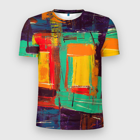 Мужская футболка 3D Slim с принтом Квадраты краской в Санкт-Петербурге, 100% полиэстер с улучшенными характеристиками | приталенный силуэт, круглая горловина, широкие плечи, сужается к линии бедра | абстракция | геометрия | живопись | картина | квадраты | краской | мазки | рисунок