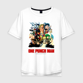 Мужская футболка хлопок Oversize с принтом Герои и злодеи One Punch Man в Курске, 100% хлопок | свободный крой, круглый ворот, “спинка” длиннее передней части | Тематика изображения на принте: one punch man | one punchman | onepunchman | saitama | адская метель | аниме | ван панч мен | ванпанчмен | вьюга | га | гароу | генос | госпожа метель | кибердемон | лысый плащ | манга | сайтама | сильнейший человек | учитель