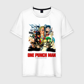 Мужская футболка хлопок с принтом Герои и злодеи One Punch Man в Новосибирске, 100% хлопок | прямой крой, круглый вырез горловины, длина до линии бедер, слегка спущенное плечо. | Тематика изображения на принте: one punch man | one punchman | onepunchman | saitama | адская метель | аниме | ван панч мен | ванпанчмен | вьюга | га | гароу | генос | госпожа метель | кибердемон | лысый плащ | манга | сайтама | сильнейший человек | учитель