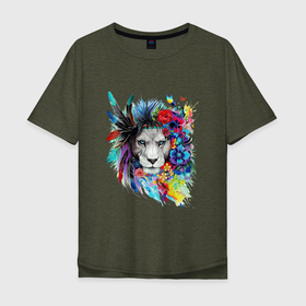 Мужская футболка хлопок Oversize с принтом Лев в цветах и перьях в Курске, 100% хлопок | свободный крой, круглый ворот, “спинка” длиннее передней части | art | lions | арт | животные | львы | перья | рисунок | цветы